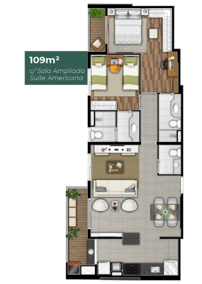 109m² com Sala Ampliada e Suíte Americana